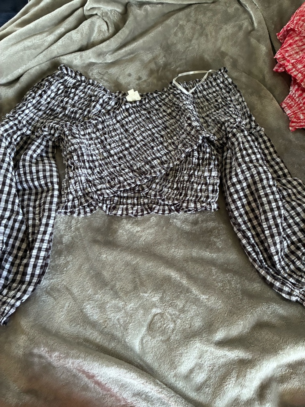Black & White Gingham Smocked Off-Shoulder Crop Top